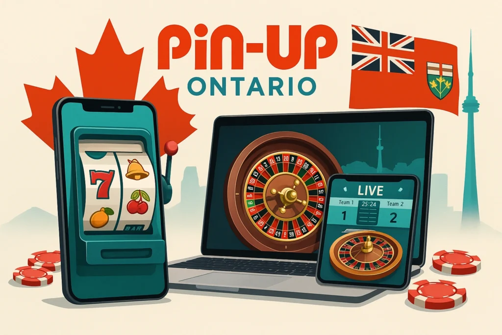 Pin-Up Ontario — smartphone slot machine, laptop roulette and live odds on tablet with Ontario flag