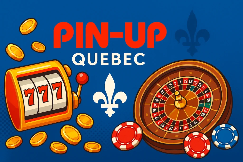 Pin-Up Quebec — 777 slot, roulette wheel, chips and maple-leaf fleur-de-lis on a blue background