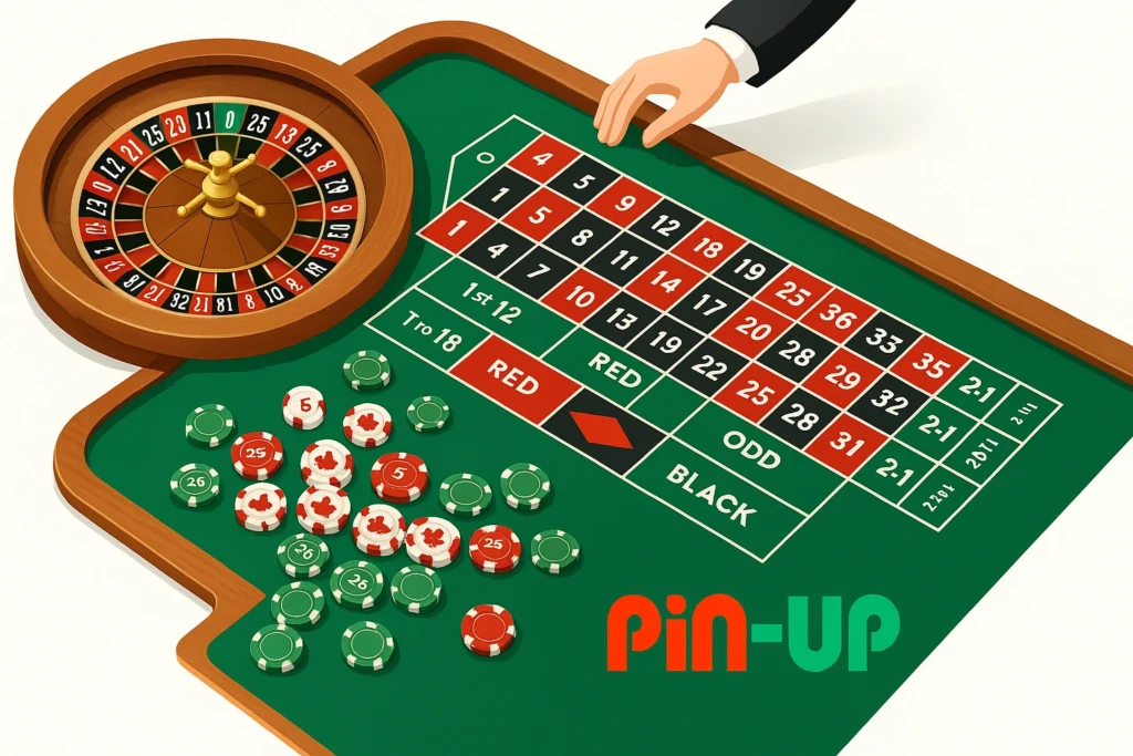 Pin-Up Roulette table top view with wooden wheel, betting layout, dealer hand and stacks of chips in brand colors