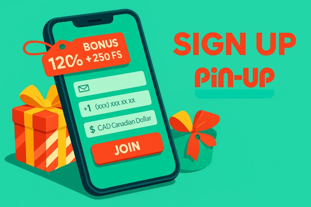 in-Up Canada Sign Up — smartphone registration screen with email, phone and CAD currency fields, gift box and bonus tag in brand colors